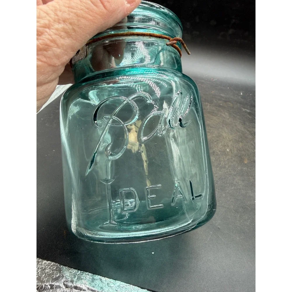 Vintage Ball Ideal Aqua Blue Glass Mason Jar with Wire Bail Patina Antique